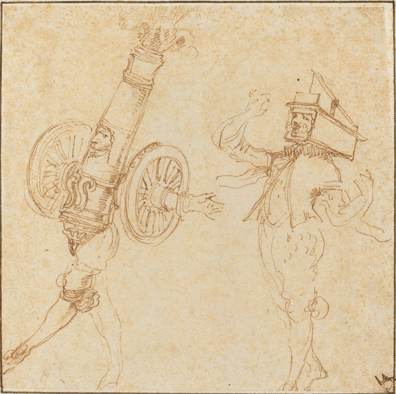 To menn i maskeradekostymer: En kanonskyting og en katt inne i en musefelle, ca. 1645. av Stefano della Bella