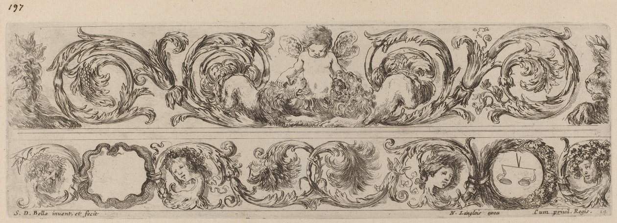 To dekorative band med Cupid og Heads of the Four Seasons av Stefano della Bella