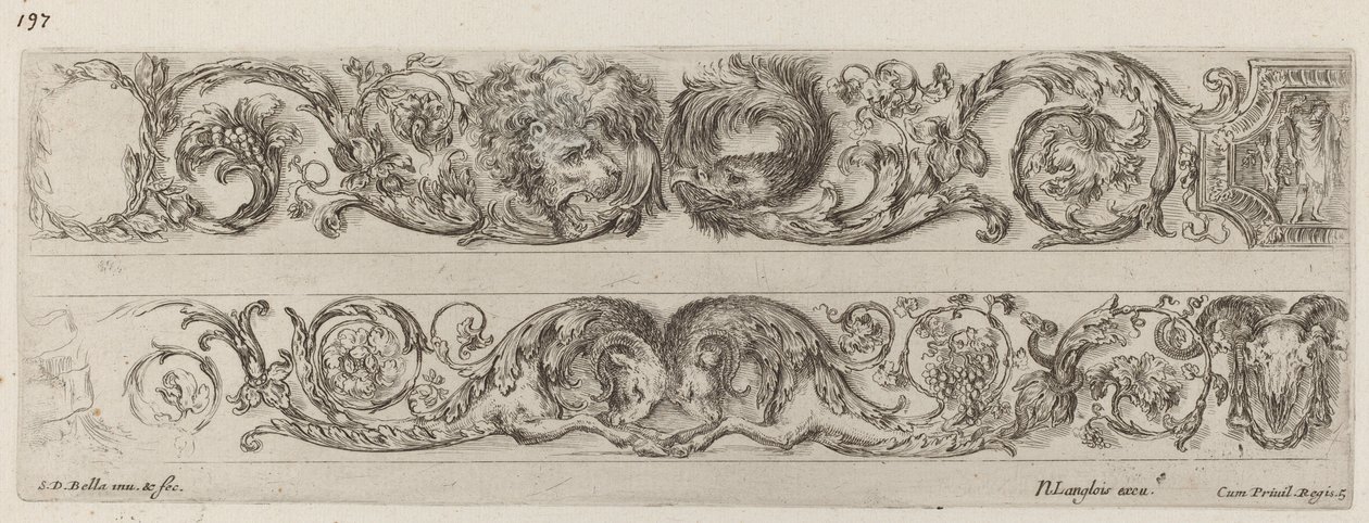 To dekorative bånd med motstående hoder av løve og ørn, og to værer, sannsynligvis 1648. av Stefano della Bella
