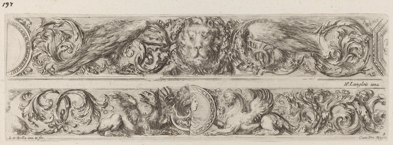 To dekorative band med hodet til en løve og en kvinne, sannsynligvis 1648. av Stefano della Bella