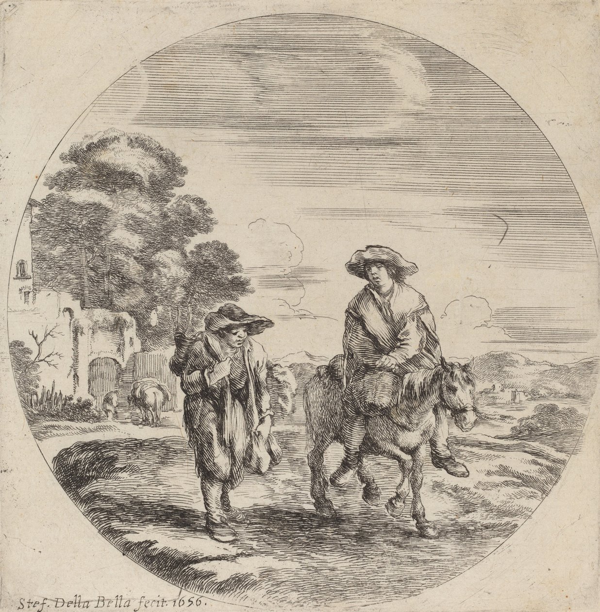 To bønder som reiser i et landskap, 1656. av Stefano della Bella