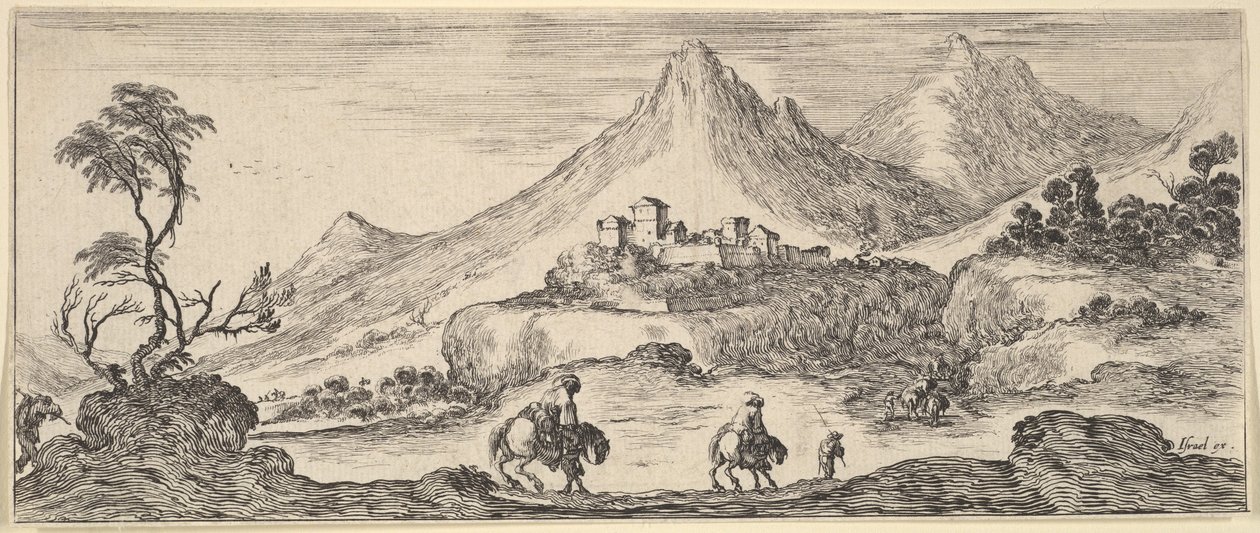 To ryttere går ned en bakke i sentrum, følger en annen mann til fots, et slott i ..., ca. 1641. av Stefano della Bella
