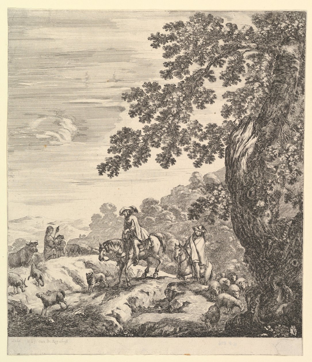 To ryttere passerer en flokk som rir mot venstre, en bondekvinne og en ung gutt til..., ca. 1656. av Stefano della Bella
