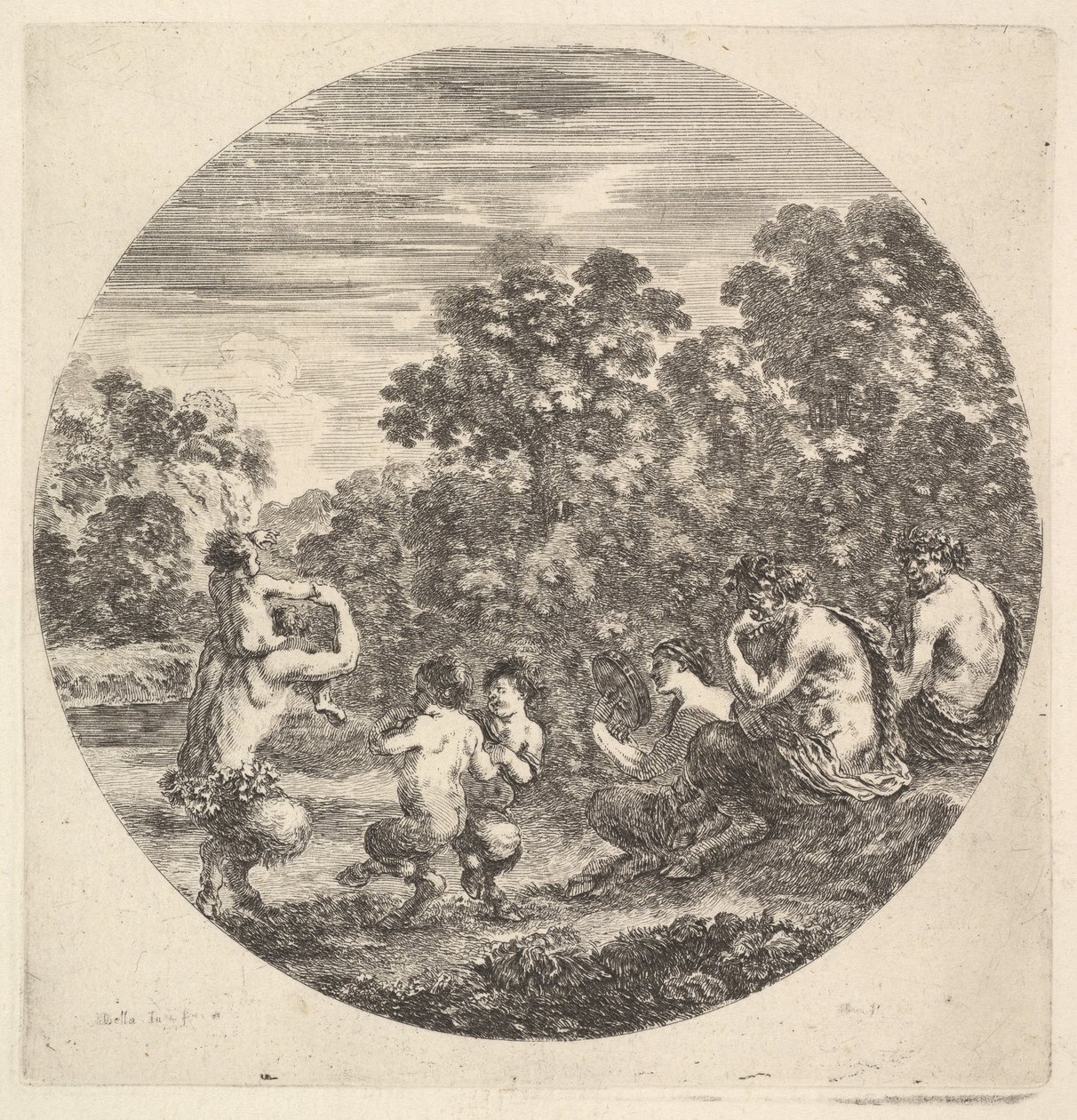 To satyrer og en faun sitter til høyre og ser på to barnesatyrer og en annen satyr med..., ca. 1643-48. av Stefano della Bella