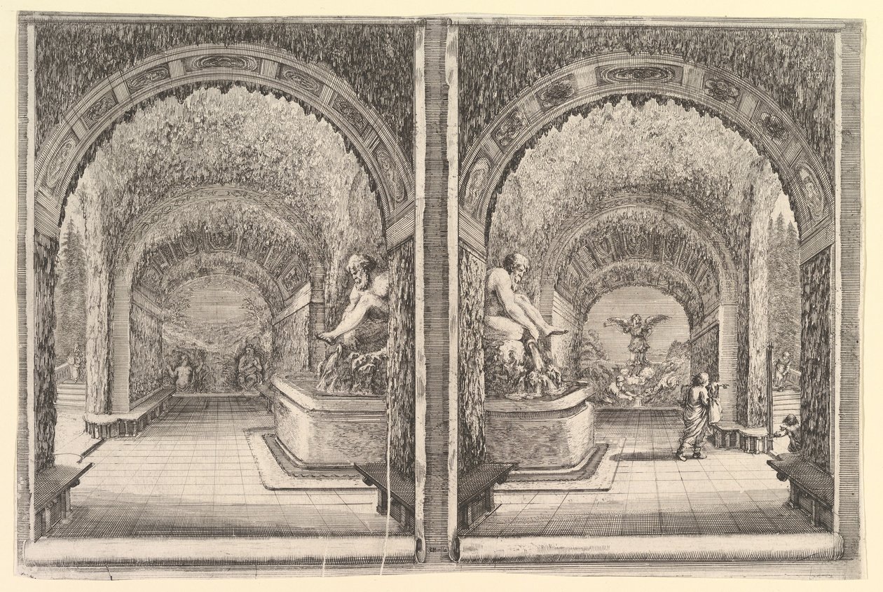 To utsikt over en grotte, begge utsikt med en fontene med en sittende statue, sett fra ..., ca. 1653. av Stefano della Bella