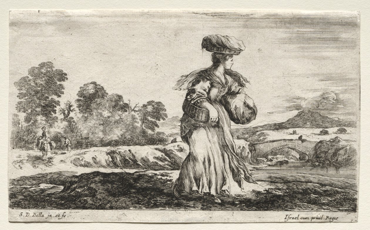 Ulike figurer og landskap: Bondekvinne som bærer en kurv på hodet, 1649. av Stefano della Bella
