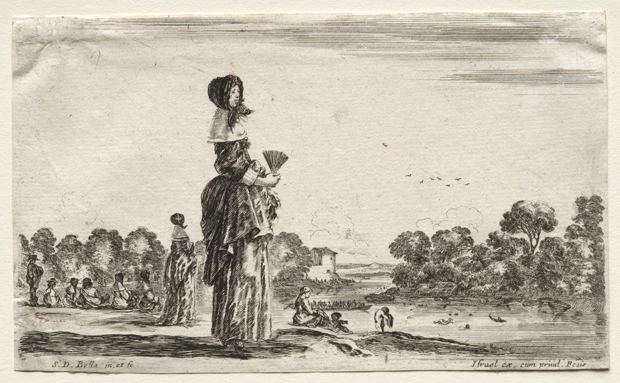 Ulike figurer og landskap: Kvinner som ser på badegjester langs en elv, 1649. av Stefano della Bella