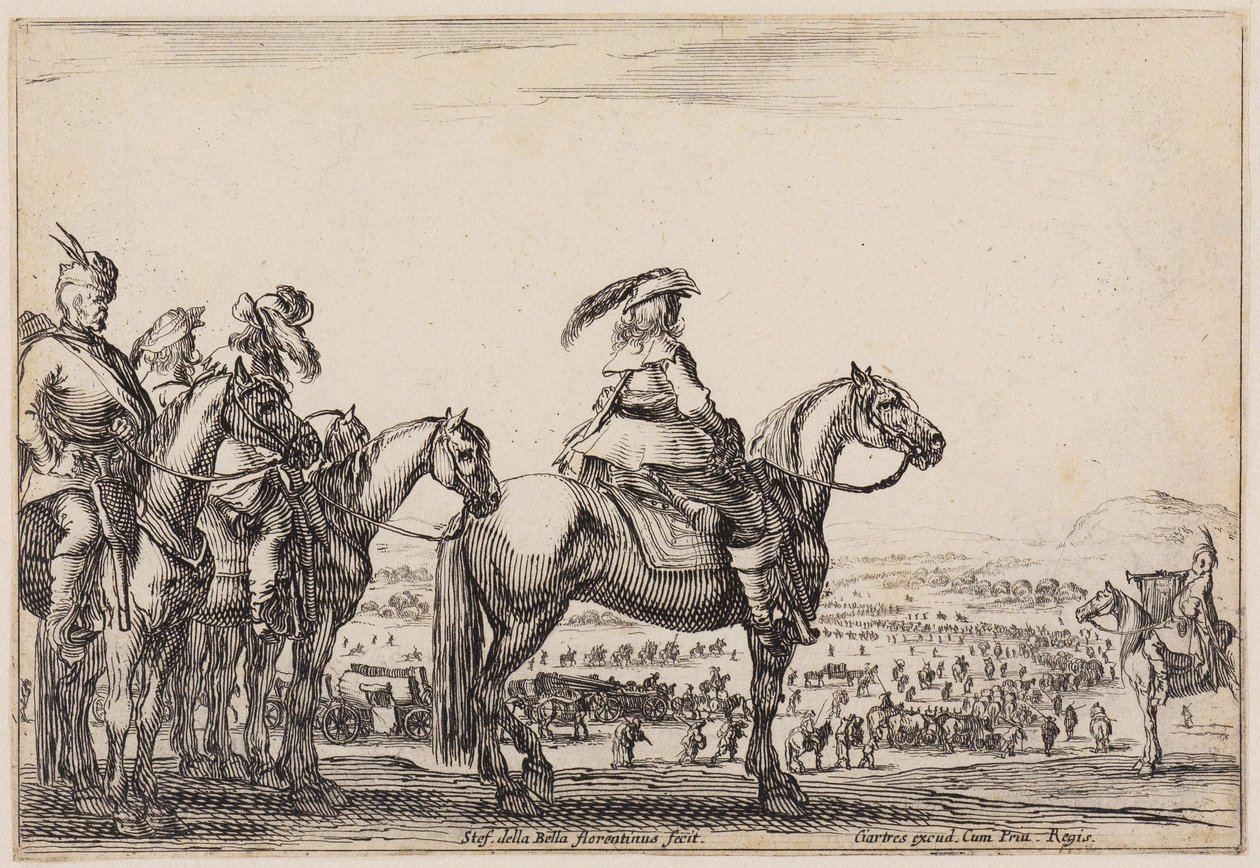 Ulike figurer (Varie figure): Hæren på marsj på sletten. På høyden i forgrunnen står kommandanten og hans ledsagere, til høyre en trompetist av Stefano della Bella