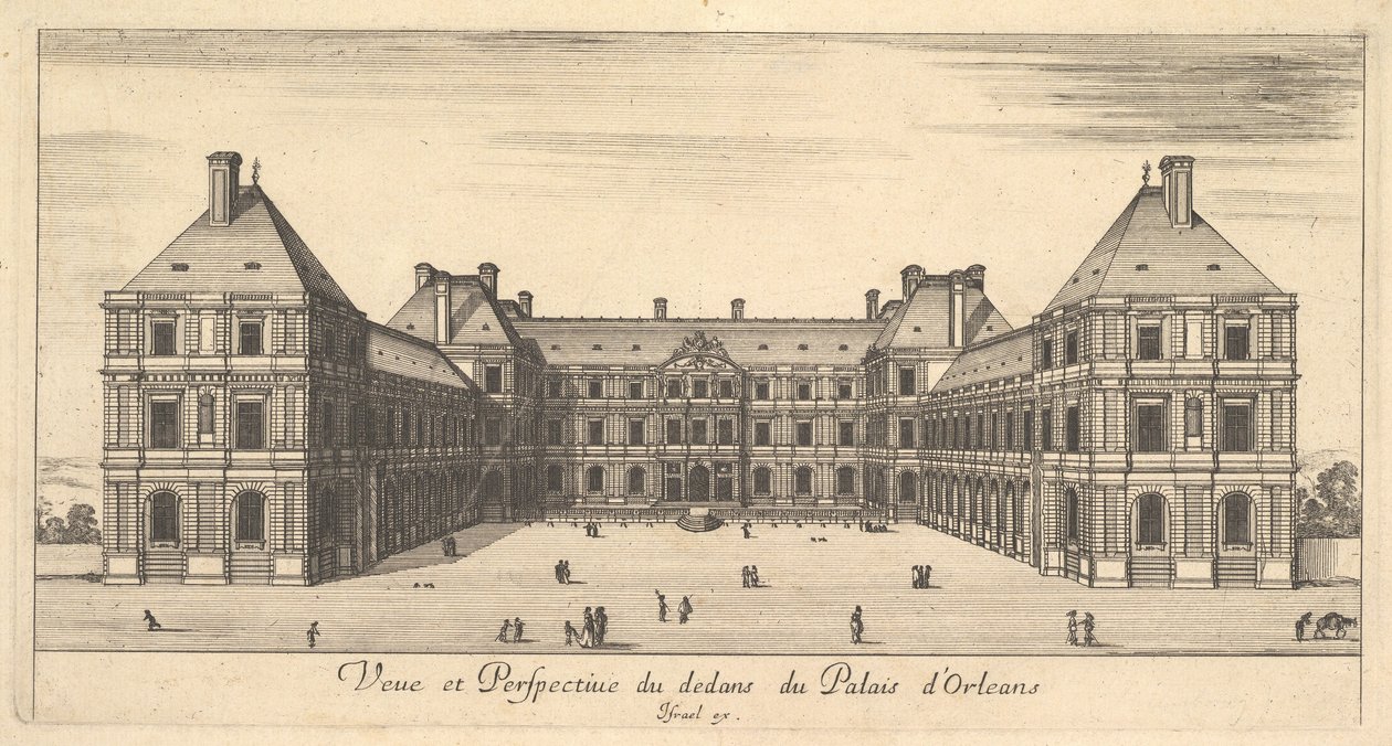 Utsikt og perspektiv på innsiden av Palais dOrleans, fra forskjellige utsikter over rema..., 1649-51. av Stefano della Bella