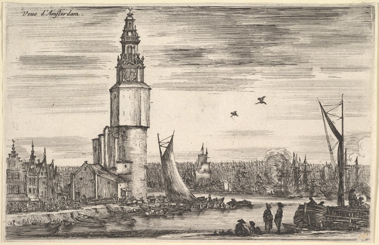 Utsikt over Amsterdam Vue dAmsterdam, et tårn og hus til venstre, menn som står på brygga ..., 1647. av Stefano della Bella