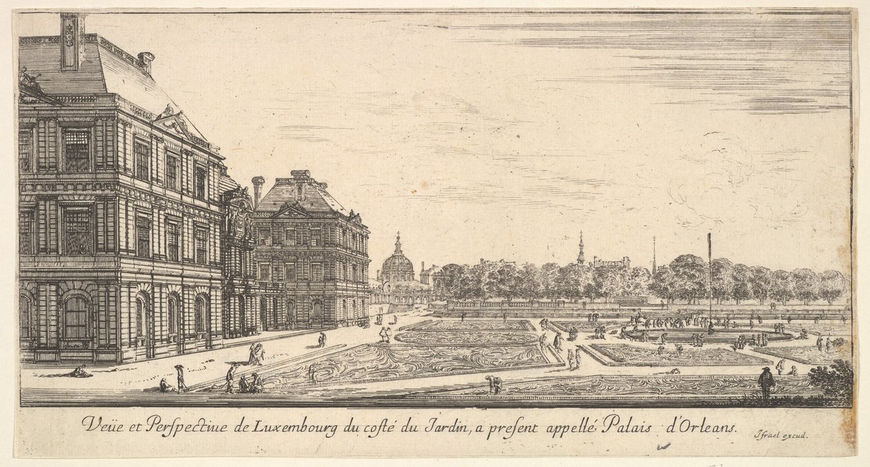 Utsikt over Luxembourg fra hagesiden av Palais dOrleans, fra Diverse utsikt over..., 1649-51. av Stefano della Bella