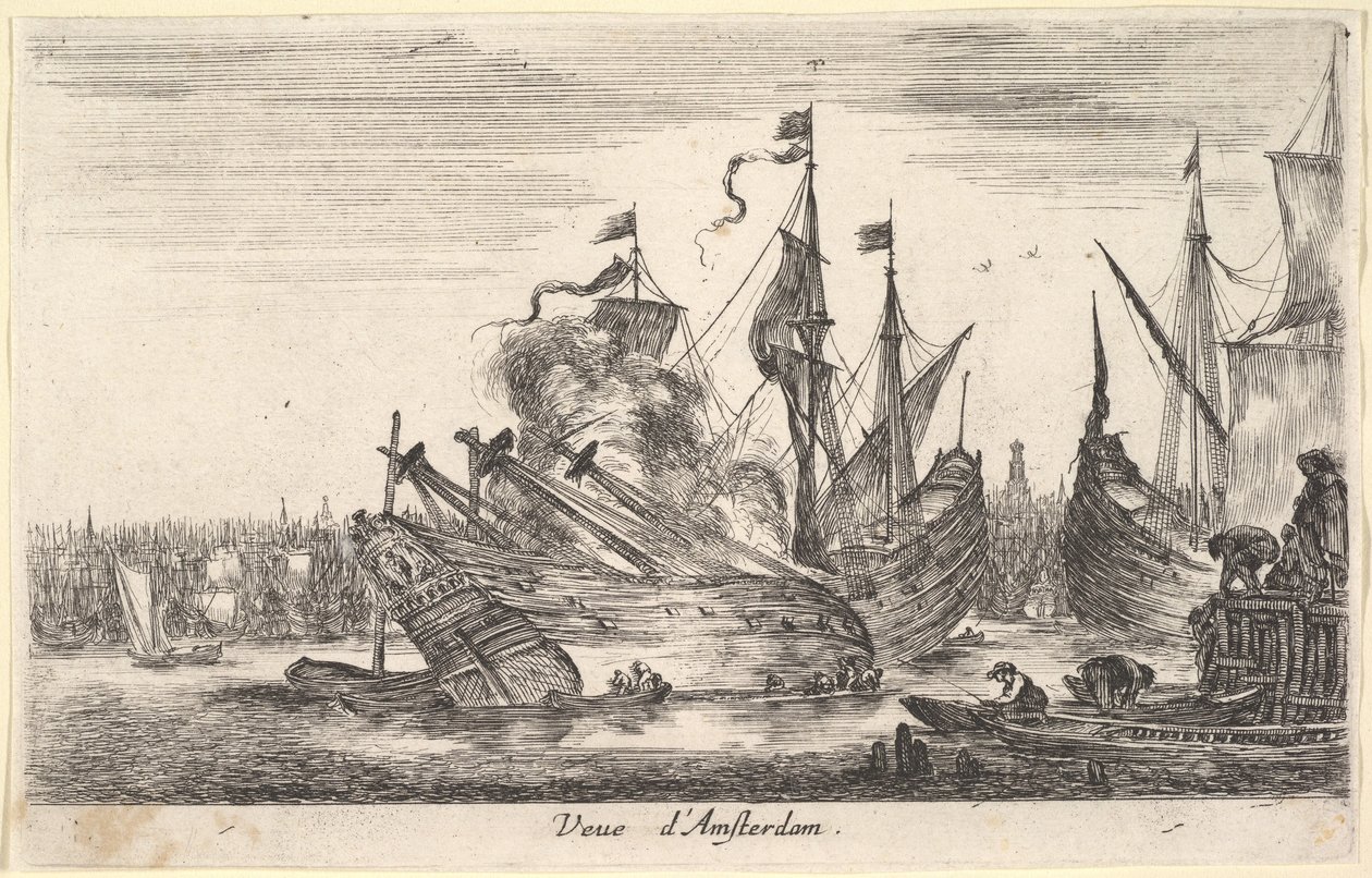Utsikt over Amsterdam-havnen Veue dAmsterdam, menn i robåter jobber på et skip i sentrum..., 1647. av Stefano della Bella