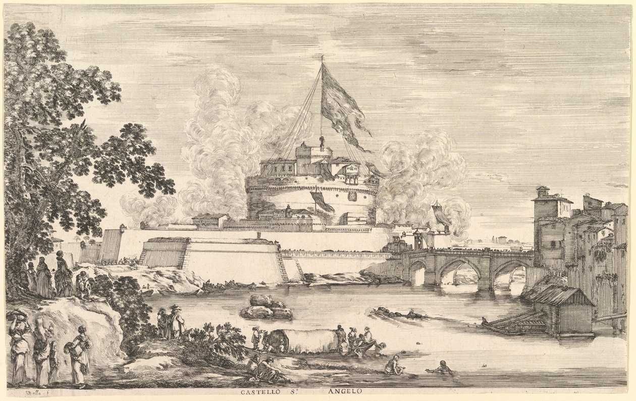 Utsikt over Tiber-elven, et stort tre til venstre, to grupper kvinner til venstre i forgrunnen..., ca. 1656. av Stefano della Bella
