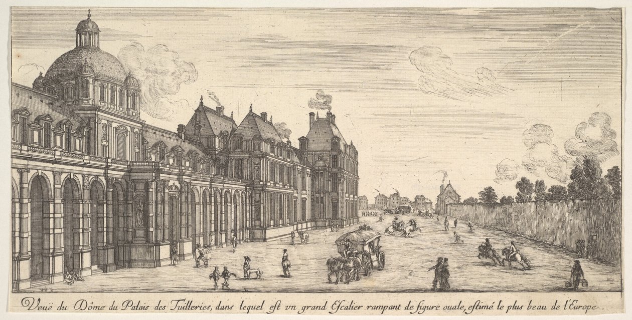 Utsikt over kuppelen til Palace of the Tuilleries, fra Ulike utsikter over bemerkelsesverdige pla..., 1649-51. av Stefano della Bella