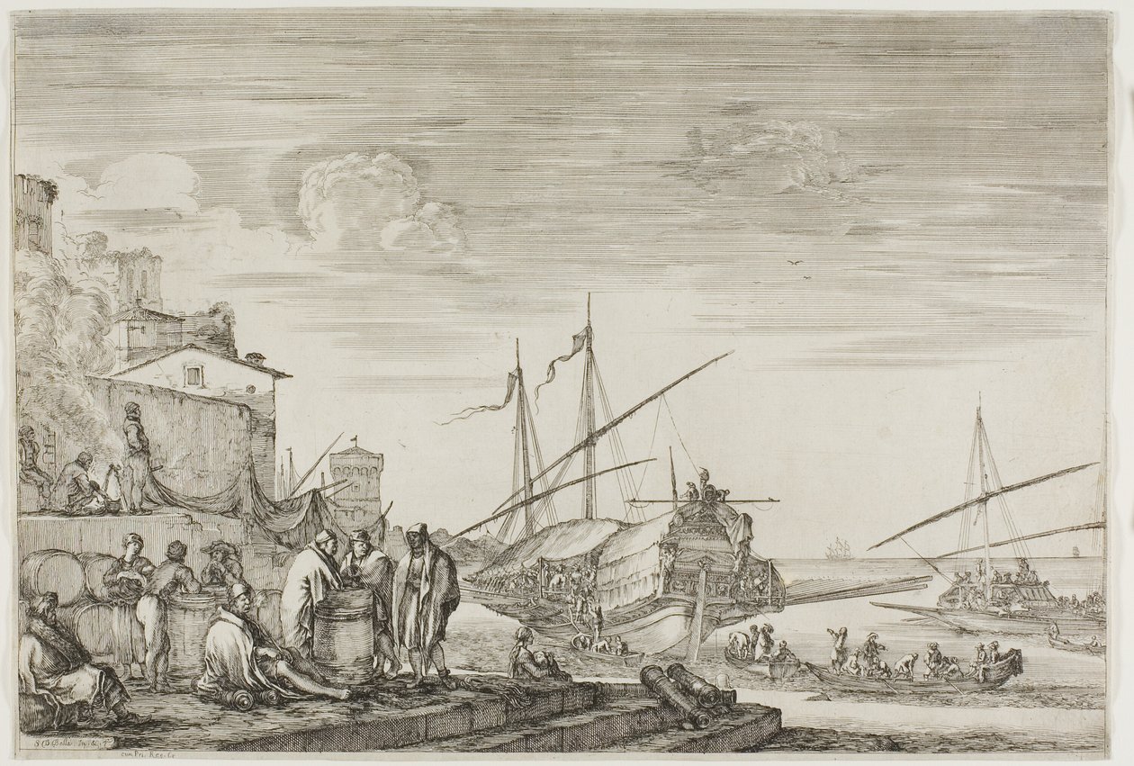 Utsikt over havnen i Livorno: Hus med utsikt over en havn av Stefano della Bella
