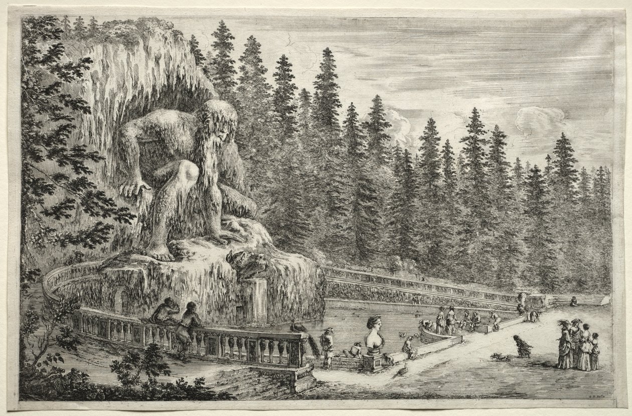 Utsikt over Villa of Pratolino: Kolossal statue av Appenninene av Stefano della Bella