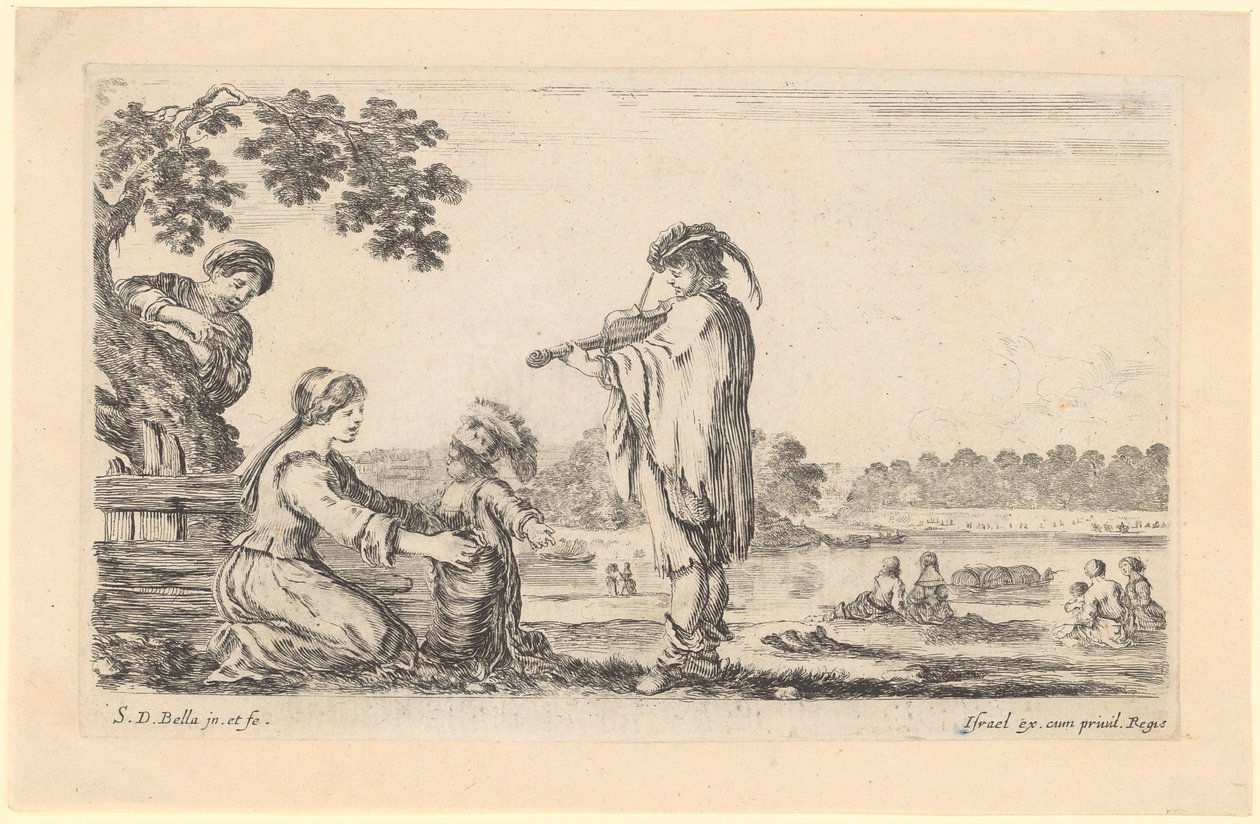 Fiolinist og en sittende kvinne med et barn ved et vann av Stefano della Bella