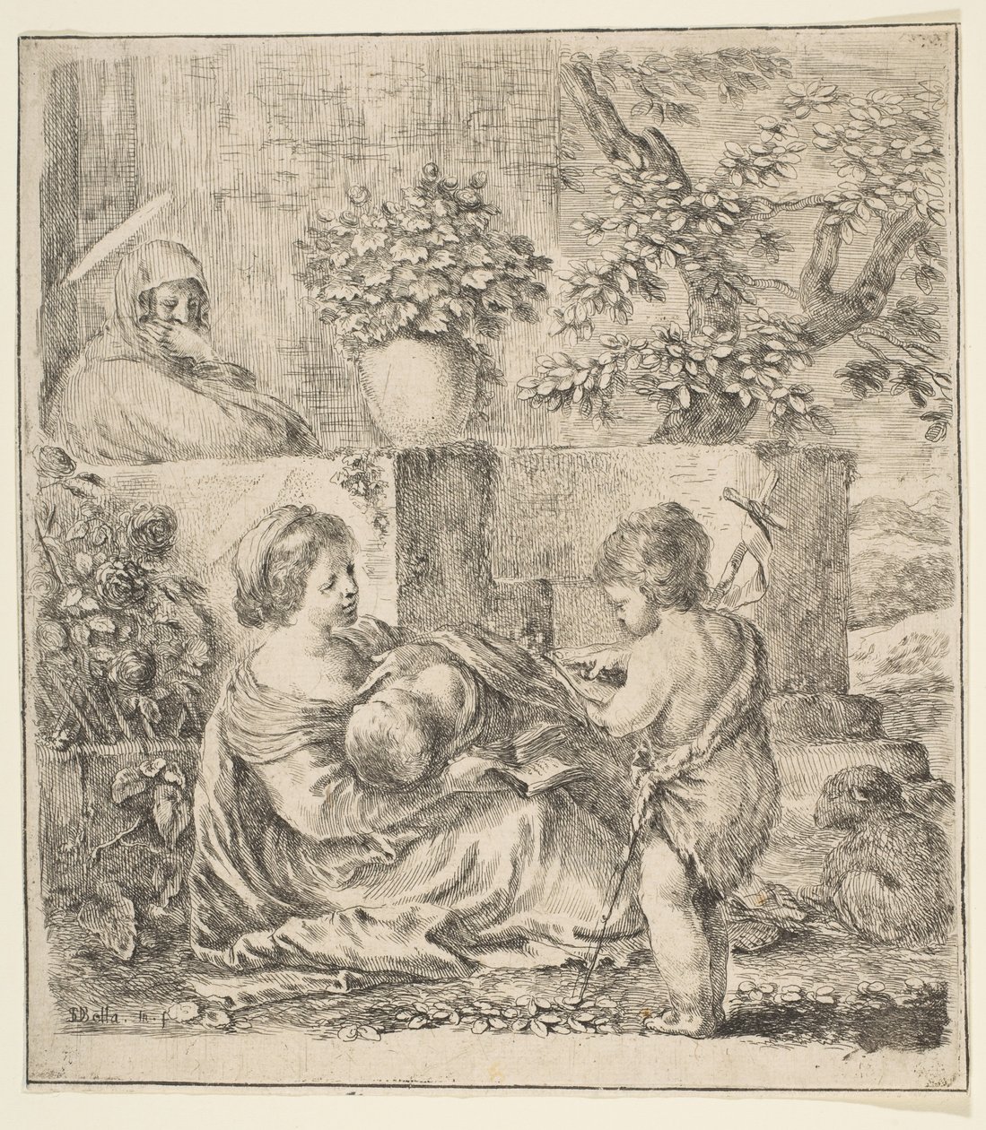 Jomfru og barn med døperen Johannes og St. Elizabeth, ca. 1641. av Stefano della Bella