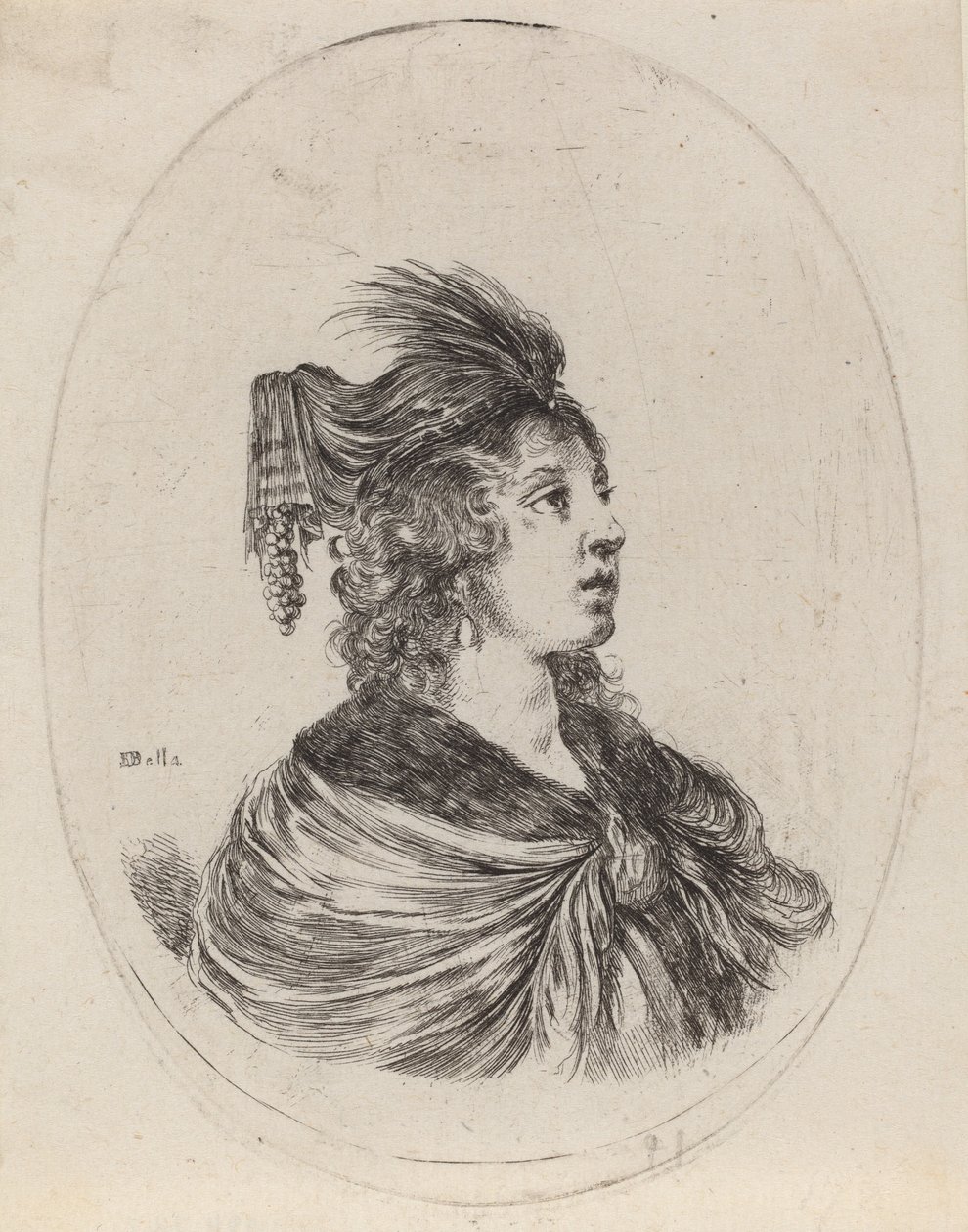 Kvinne i en fjærkledd turban, vendt mot høyre, 16491650. av Stefano della Bella