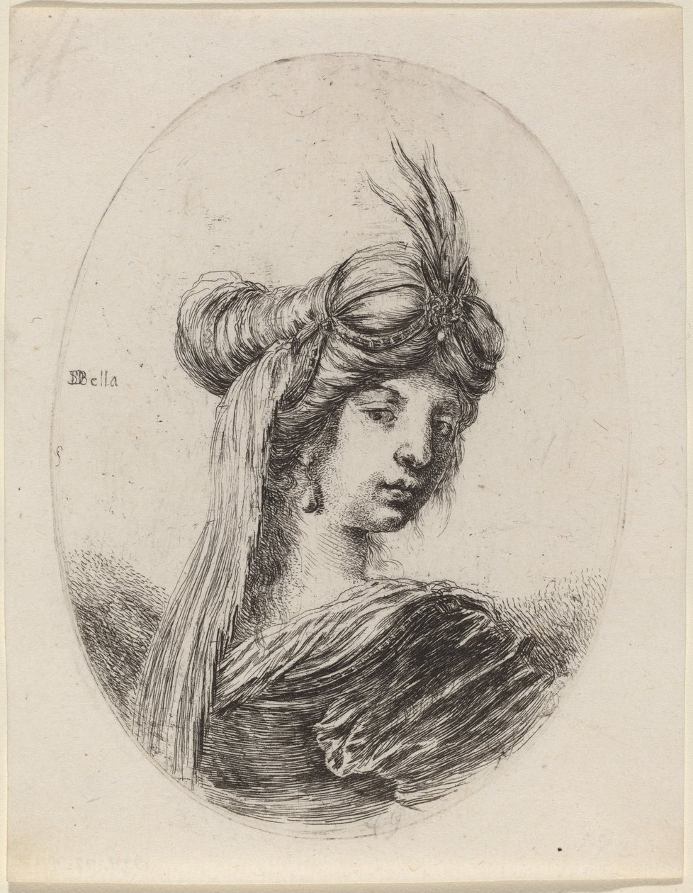 Kvinne i en fjærkledd turban med slør, vendt mot høyre, 16491650. av Stefano della Bella