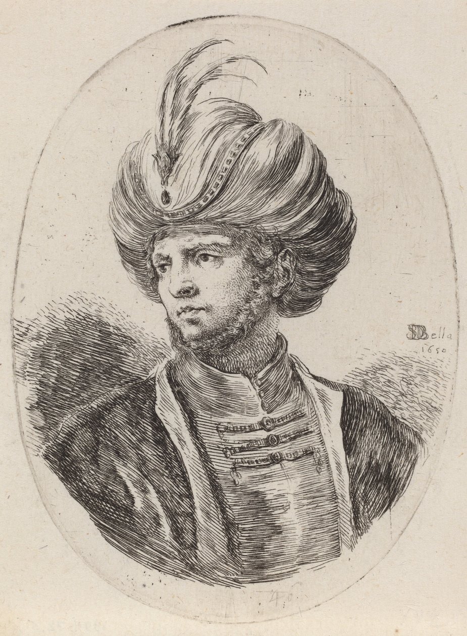 Young Moor med et lite skjegg og fjærkledd turban, vendt mot venstre, 1650. av Stefano della Bella