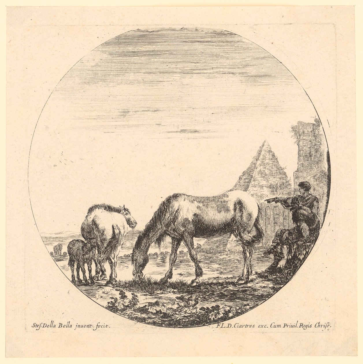 To hester med føll og to gjeterne ved Caius Cestius-pyramiden av Stefano della Bella