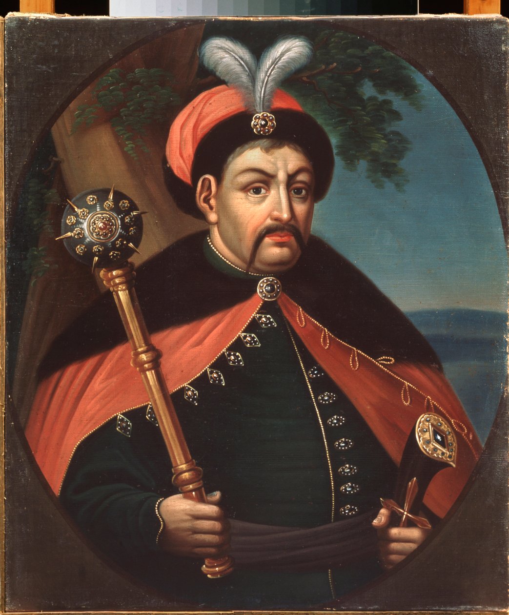 Portrait du hetman (commander) Cossack of Ukraine Bohdan Khmelnytsky (1595-1657) (Portrait of the Cossack hetman of Ukraine Bohdan Khelmytsky) - Peinture de Stepan Zemlykov (debut 1800-tallet), olje på lerret 1800-tallet, kunst Ukraina - Regionalt kunstmus av Stepan Zemlykov