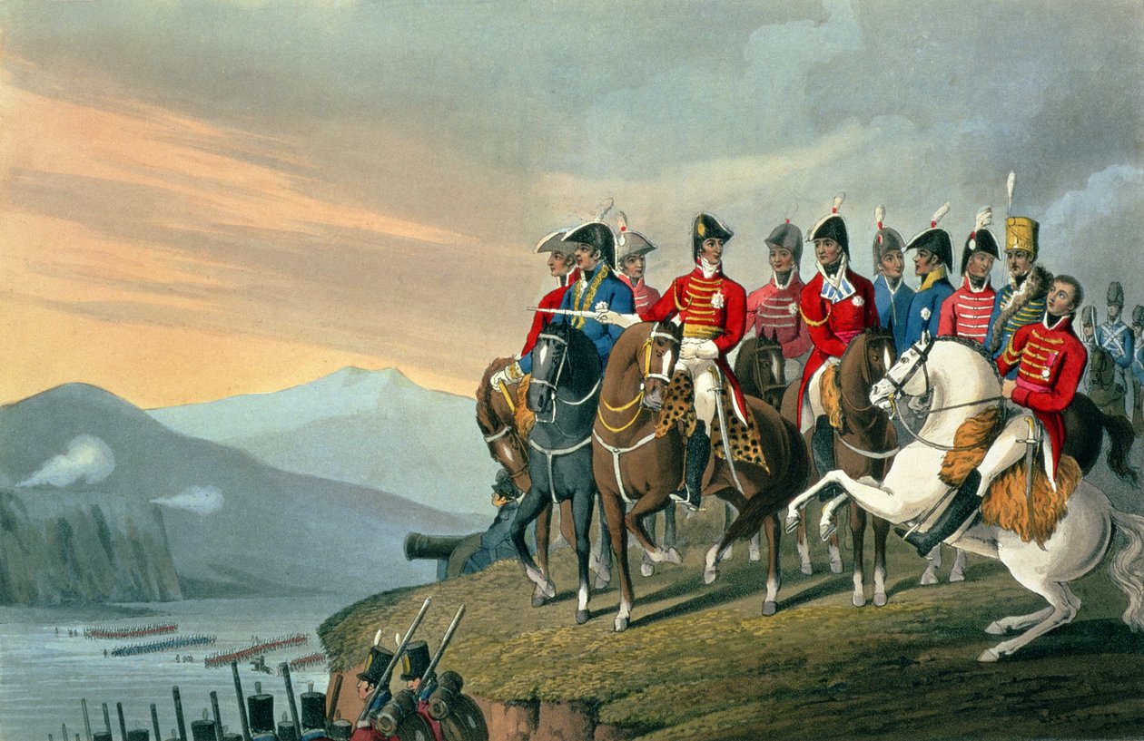 The Duke of Wellington and his Staff Crossing the Bidassoa and Entering France, 1813, gravert av Matthew Dubourg (fl.1813-20) fra Historic, Military and Naval Anecdotes, pub. av Edward Orme (1774-c. av Hyacinthe Francois Rigaud