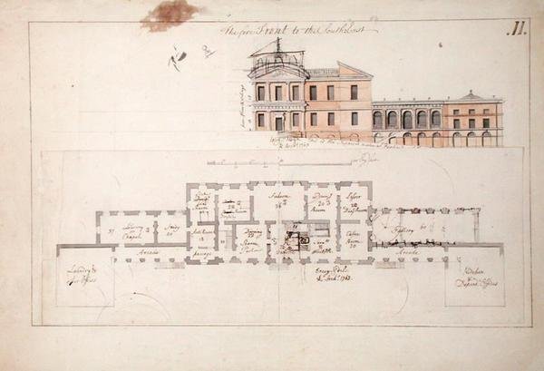 Grunnplan og forhøyning for en villa, 1763 (grafitt, penn og brunt blekk og vask på papir) av Stephen Riou