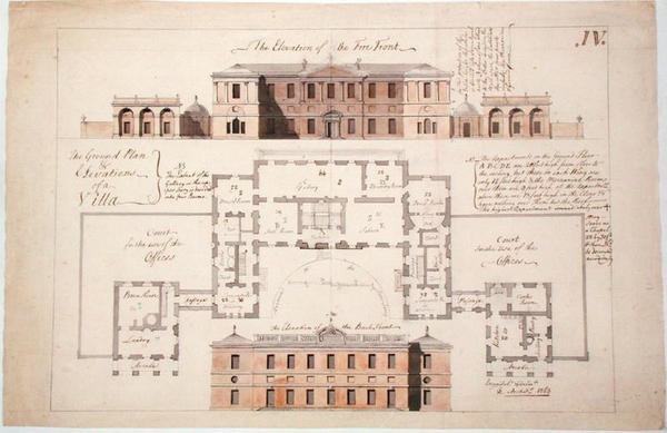 Grunnplan og forhøyninger for en betydelig villa, 1770 (grafitt, penn og blekk og vask på papir) av Stephen Riou