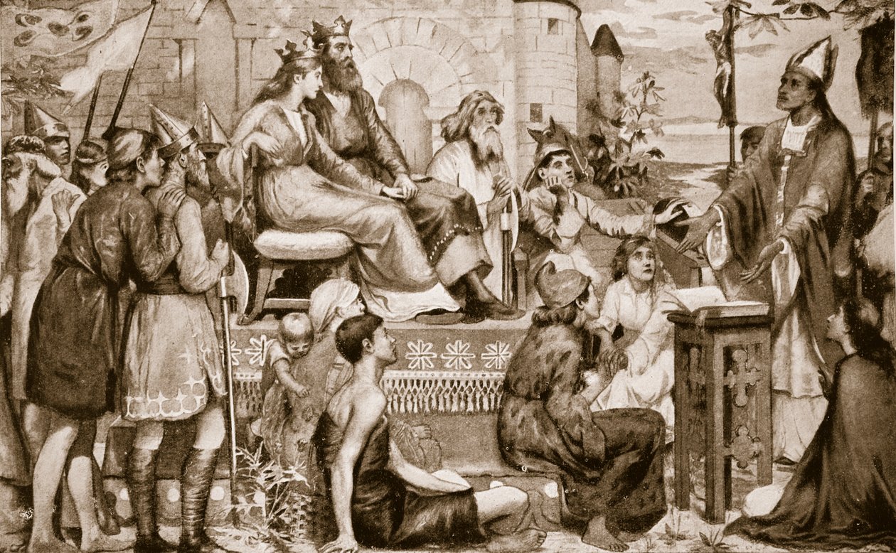 St. Augustine forkynner for sakserne, 597, illustrasjon fra 'Hutchinson's Story of the British Nation', ca. 1920 av Stephen Briggs Carlil