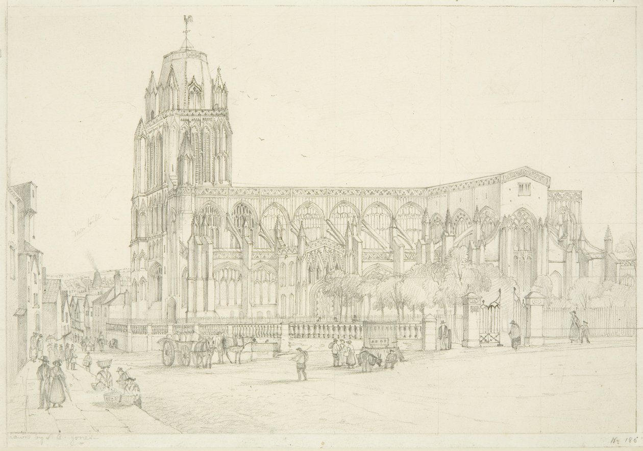 Sørvisning av St Mary Redcliffe Church, ca. 1835 (blyant på papir) av Stephen C. Jones