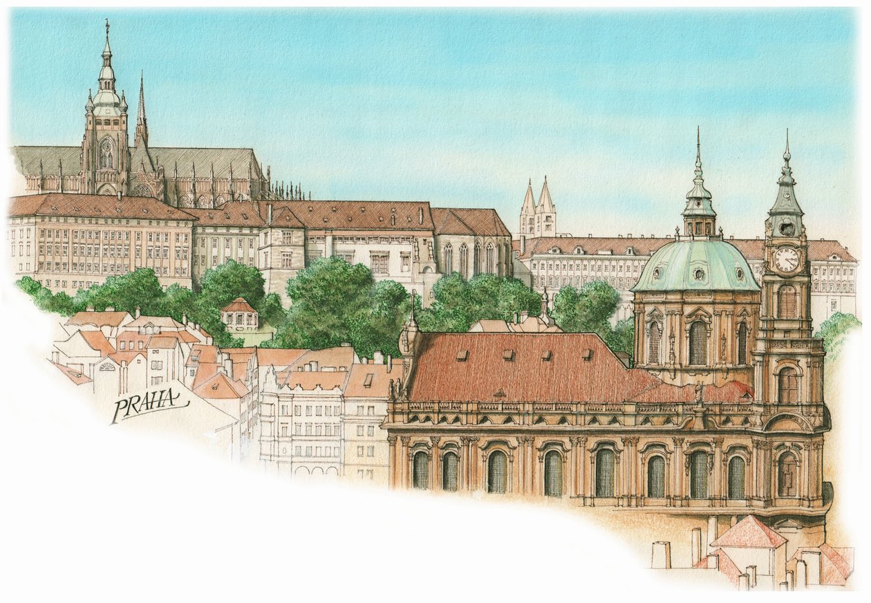 Utsikt over Praha, ca. 1900–2023 (blekk og akvarell) av Stephen Conlin