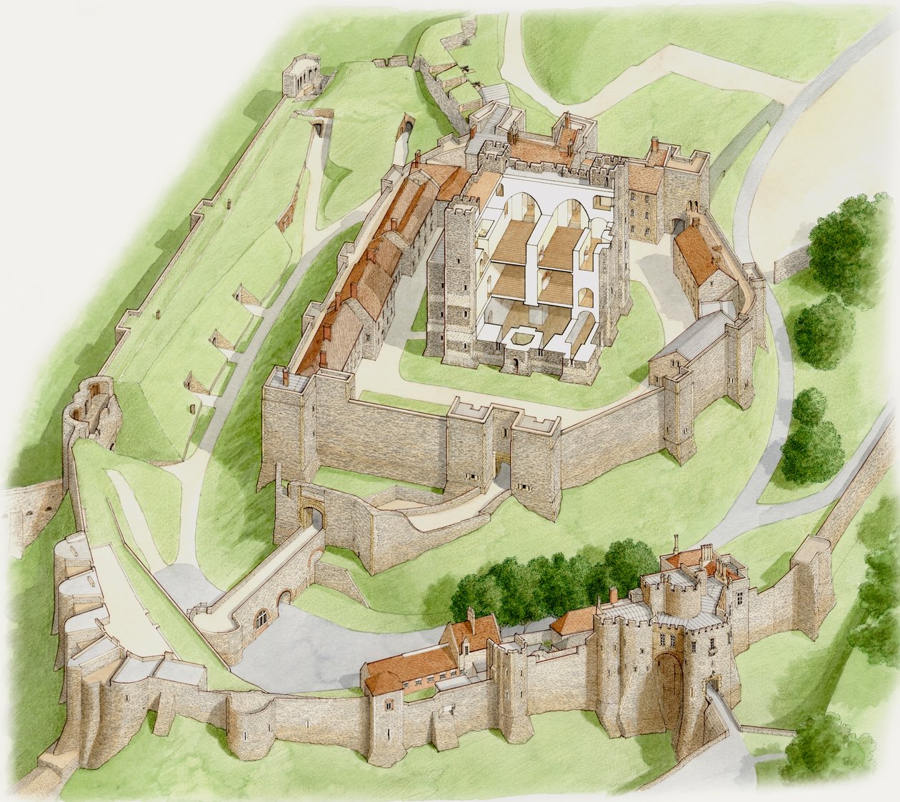 Dover Castle i dag, ca. 1945–2023 (blekk og akvarell på papir) av Stephen Conlin