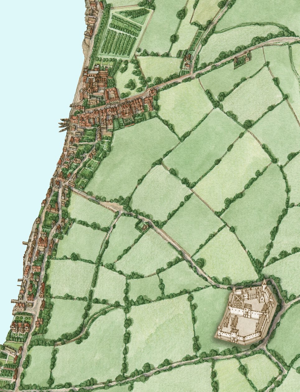 Lambeth og Vauxhall ca. 1600, med innfelt bilde av middelalderens Kennington Castle, 2021 (blekk og akvarell, digitalt) av Stephen Conlin