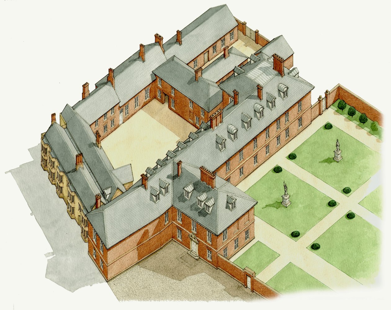 Newmarket Palace, Suffolk, ca. 1670–1683 (blekk og akvarell) av Stephen Conlin
