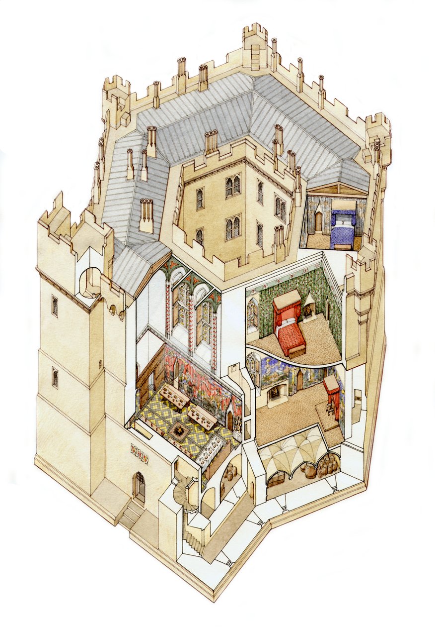 Gamle Wardour slott, Salisbury, ca. 1390 (blekk og akvarell på papir) av Stephen Conlin
