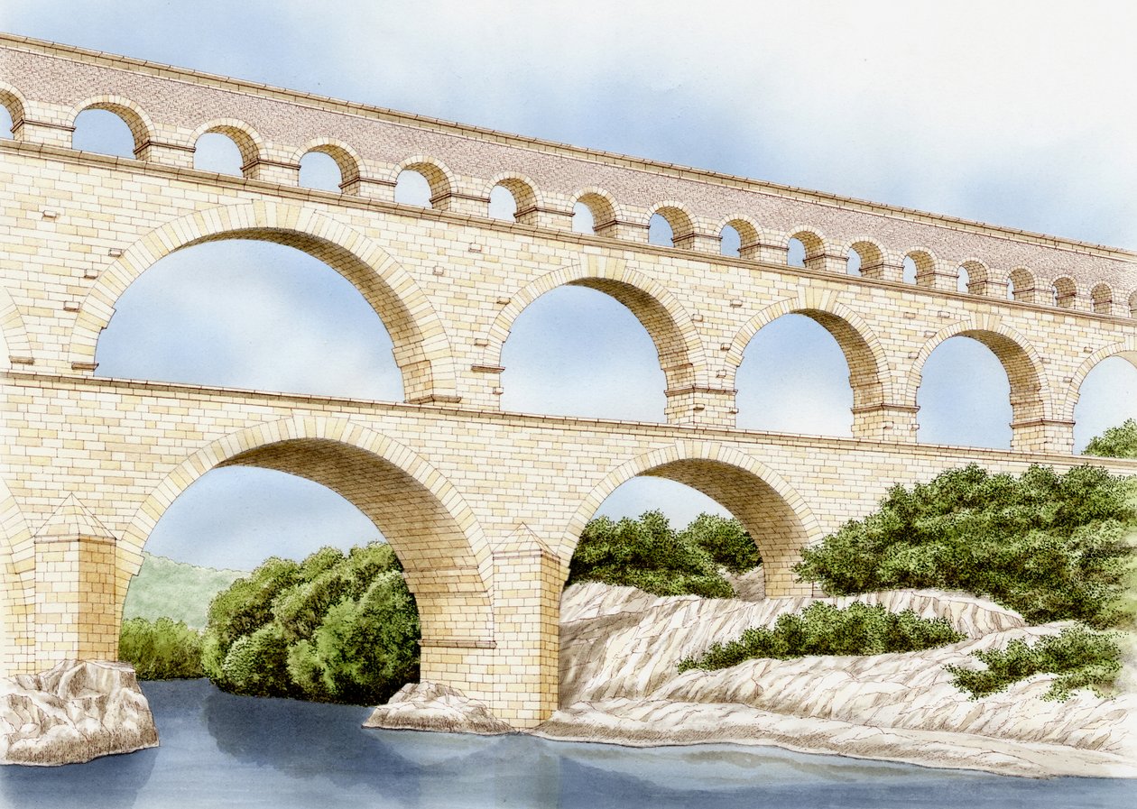 Pont de Gard i dag, Frankrike, ca. 1900–2023 (blekk og akvarell) av Stephen Conlin