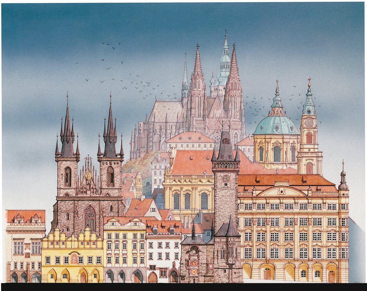 Prahas bygninger, ca. 1900–2023 (blekk og akvarell) av Stephen Conlin