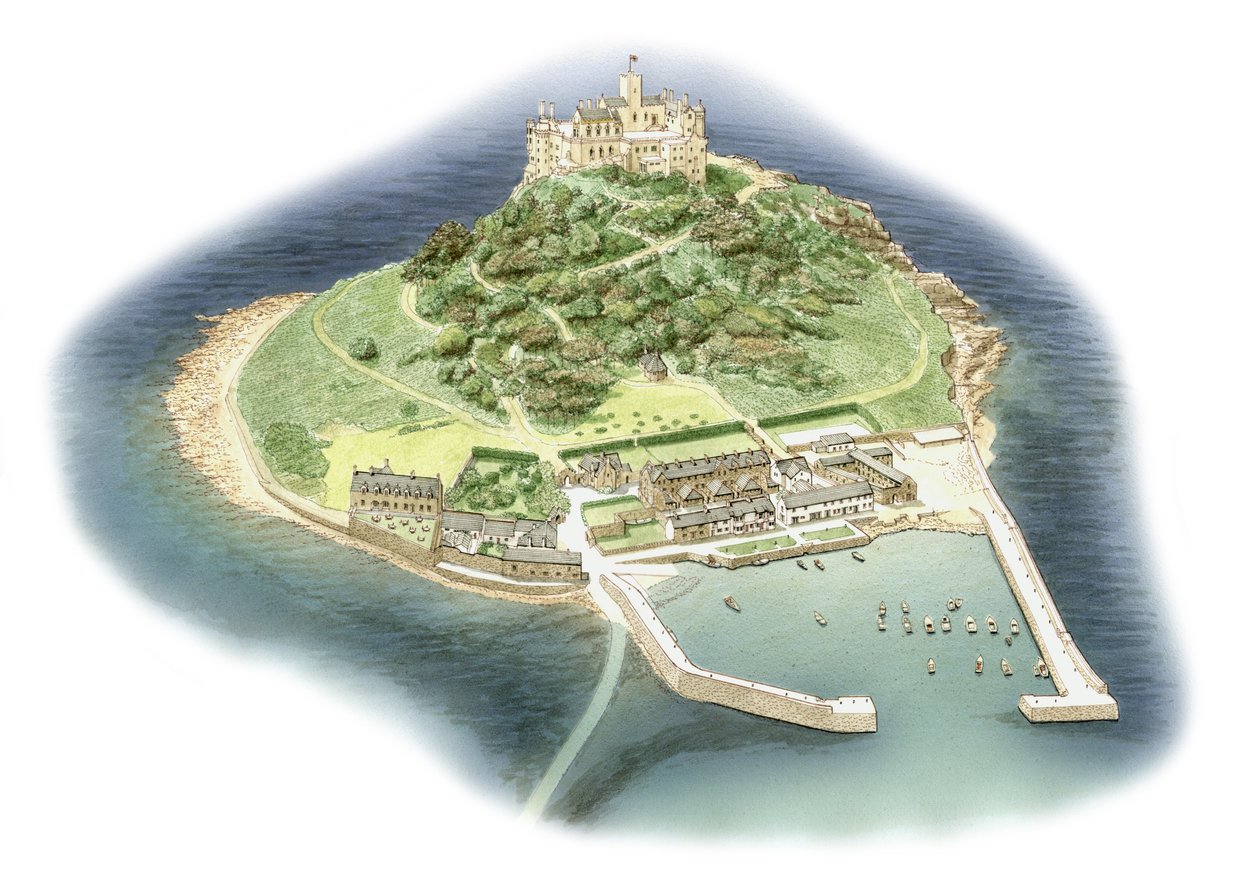 St. Michael#39;s Mount, Cornwall, ca. 1900–2023 (blekk, airbrush og akvarell) av Stephen Conlin