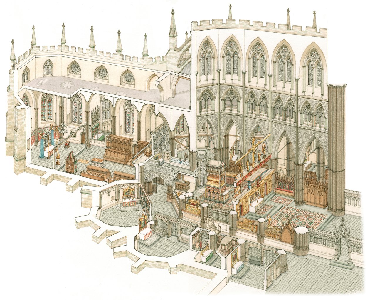 East End av Westminster Abbey like før reformasjonen, ca. 1500–1525 (blekk og akvarell) av Stephen Conlin
