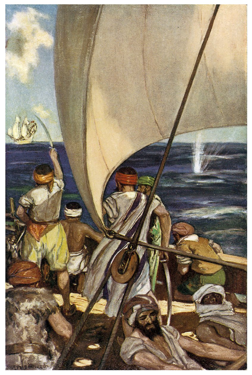 Representasjon av Barbaresque Pirates in the Mediterranee Sea Illustrasjon av Stephen Reid (1873-1948) i Henry Gilberts 'The Boy's Book of Pirates' av Stephen Reid