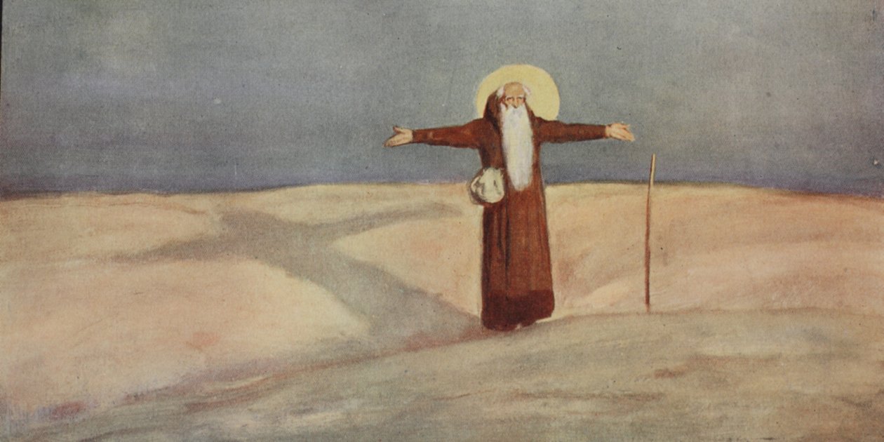 St Anthony in the Desert, illustrasjon fra 'Helmet & Cowl: Stories of Monastic and Military Orders' WM Letts og MFS Letts av Stephen Reid