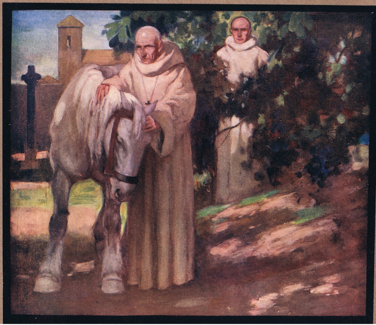 St Columba og den hvite hesten (farge litho) av Stephen Reid