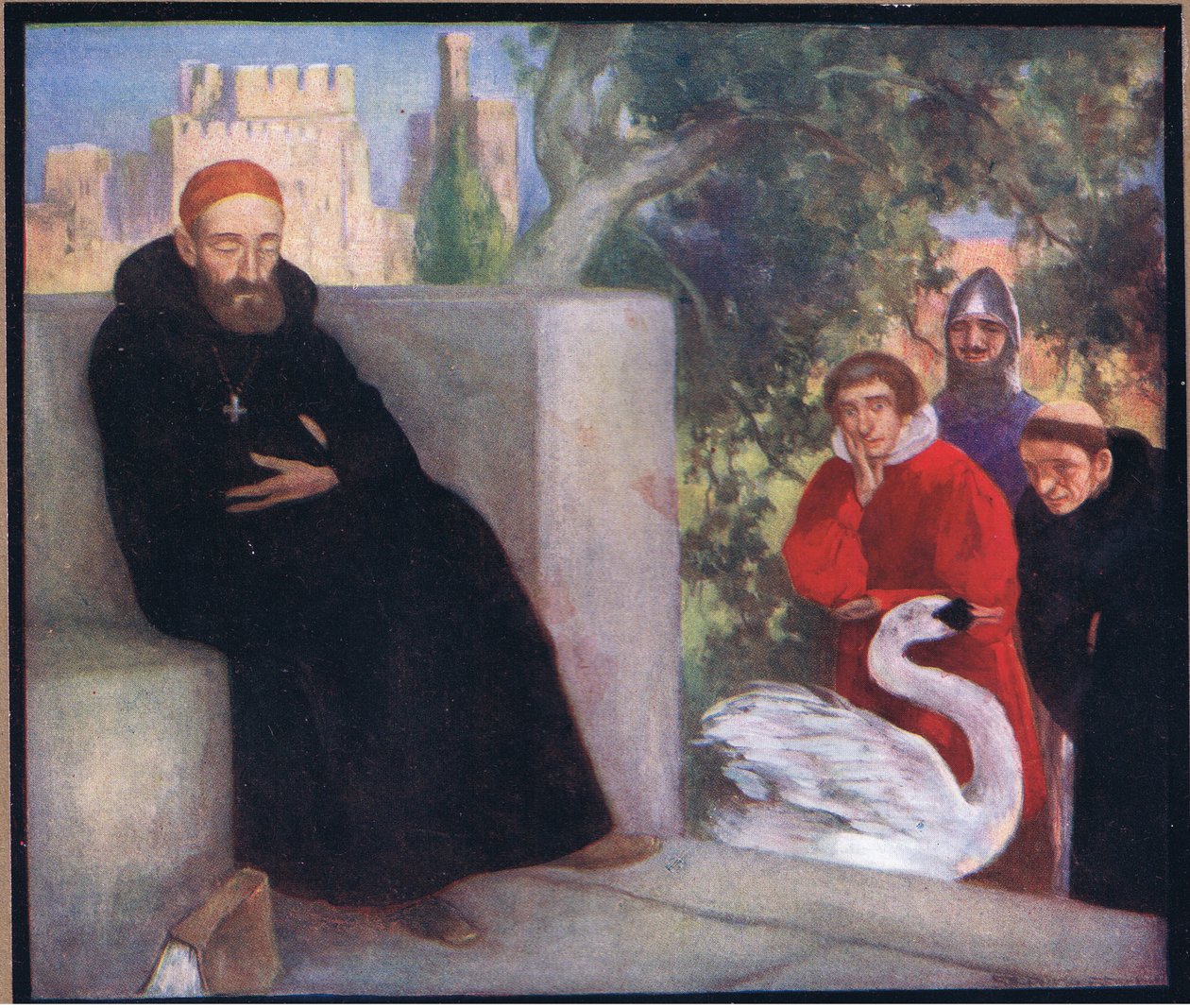 St Hugh av Lincoln og svanen (farge litho) av Stephen Reid