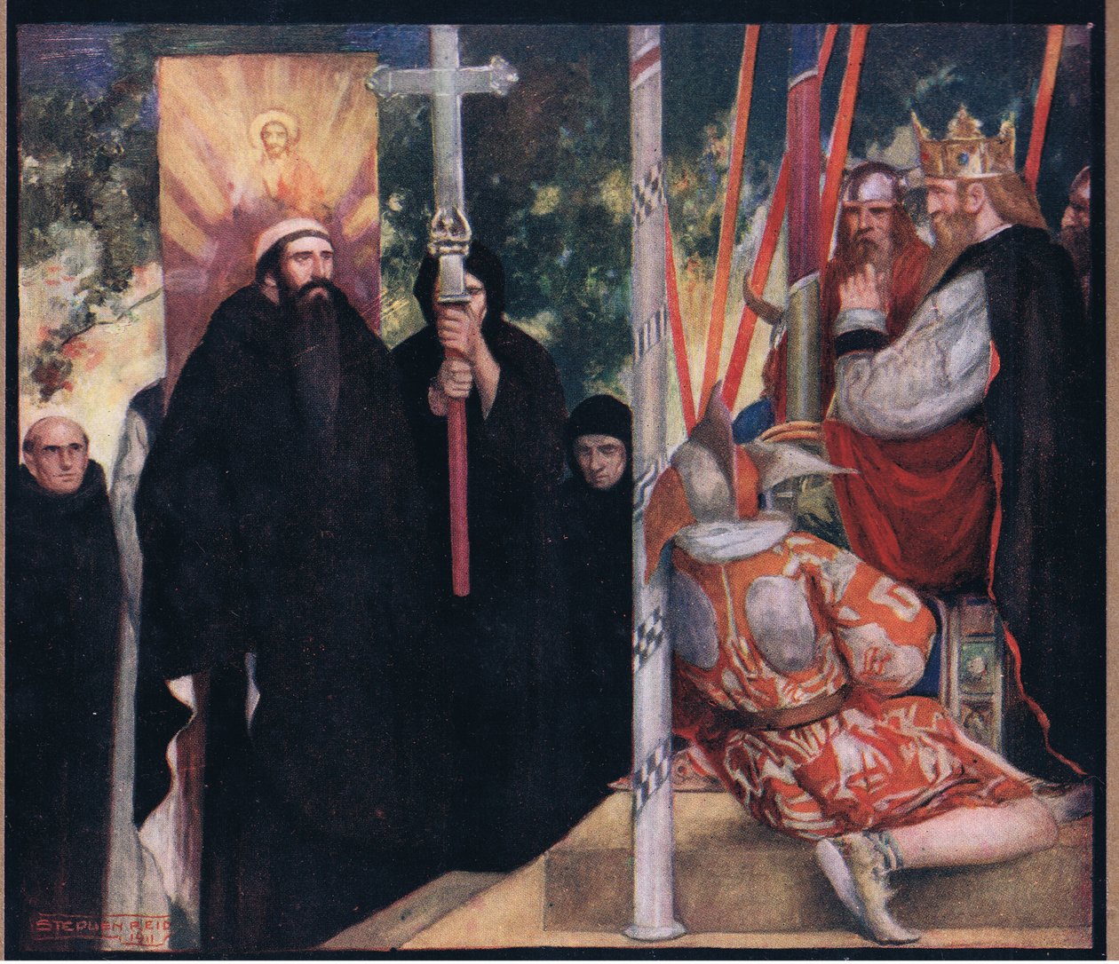 Mottakelsen av Saint Augustine av Ethelbert (farge litho) av Stephen Reid