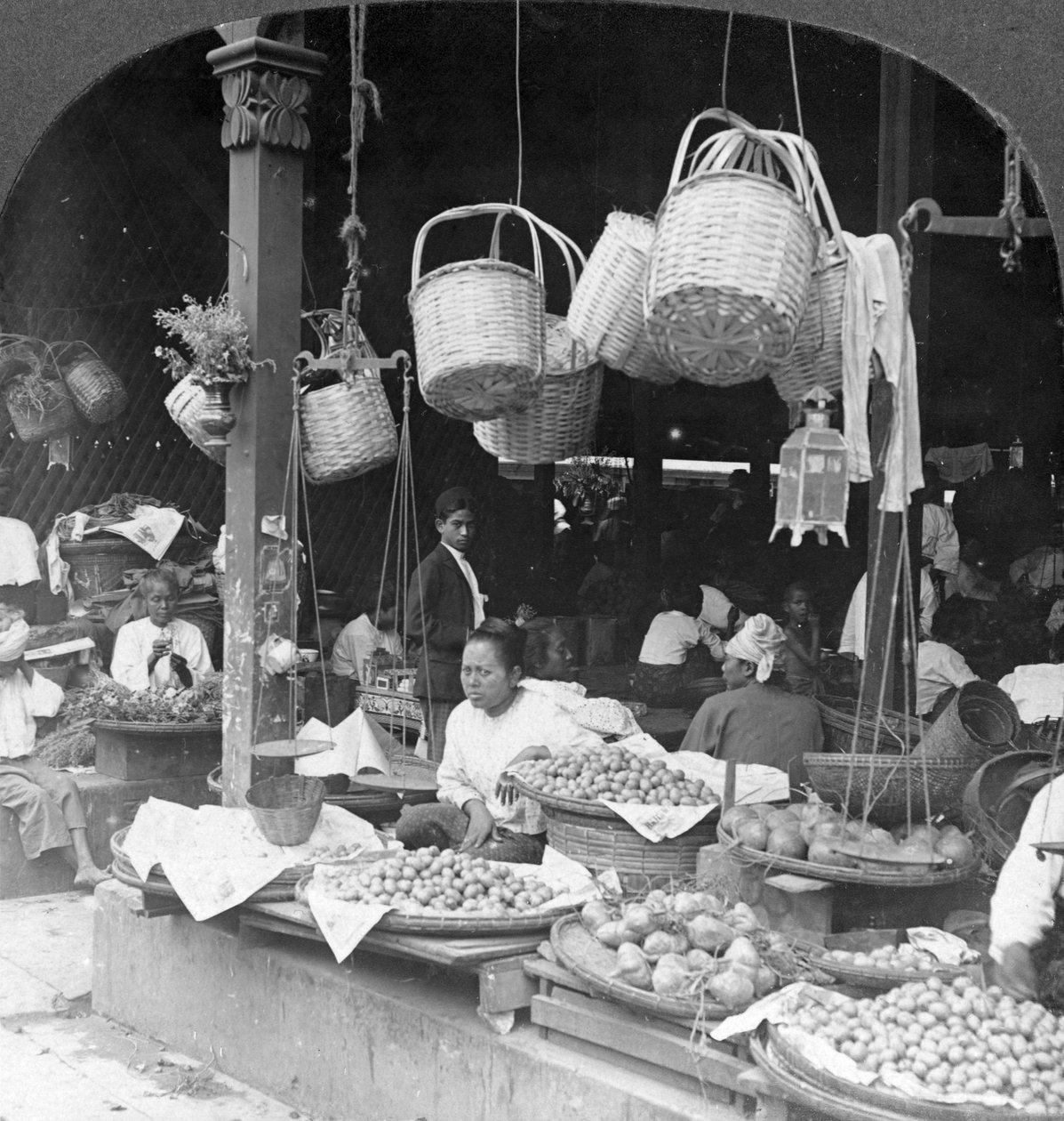 Butikker i et innfødt marked, Rangoon, Burma, 1908 av Stereo Travel Co