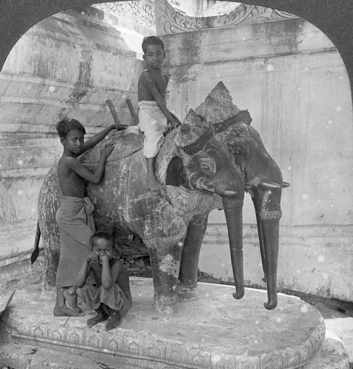 Trehodet elefant som vokter et fristed, Arakan Pagoda, Mandalay, Burma, 1908. av Stereo Travel Co