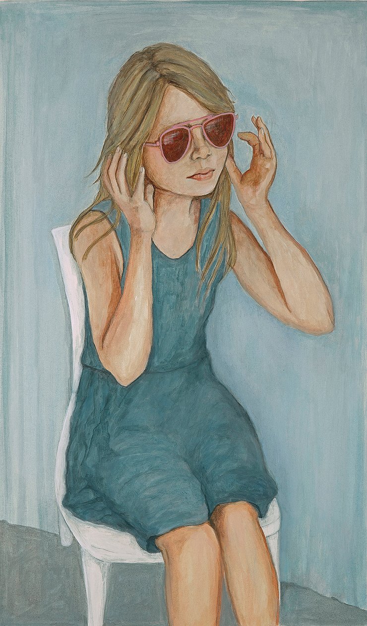 Girl In Sunglasses, 2017 (penn og blekk og vask på papir) av Stevie Taylor