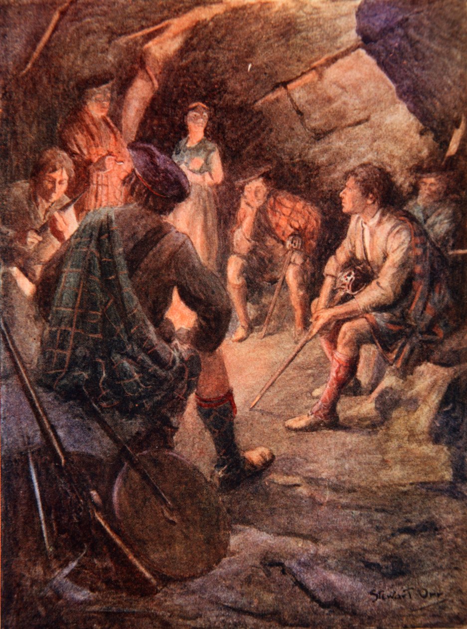 Bevæpnede høylandere sitter rundt bålet og legger planer for Bonnie Prince Charlie av Stewart Orr